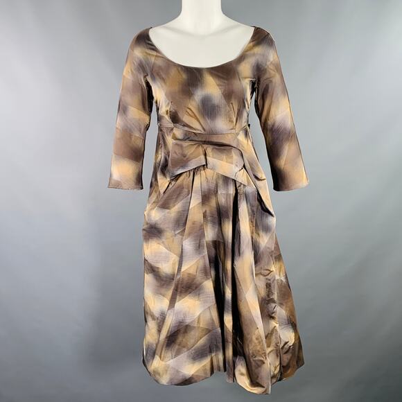 MARNI Size 2 Brown Beige Polyester Taffeta Diamond 3/4 Sleeves Dress - Picture 1 of 8